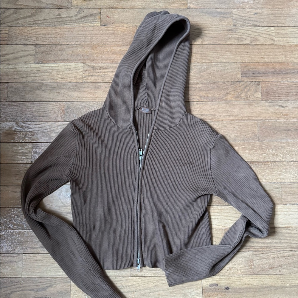 Brown Ribbed Hoodie Top